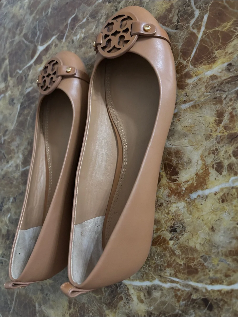 Tory Burch Cognac Leather Logo Ballet Flats